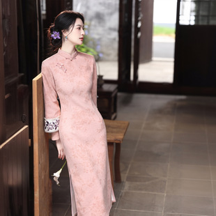 【花暖香】粉色温柔风加绒加厚冬款旗袍裙2025爆款长袖保暖连衣裙