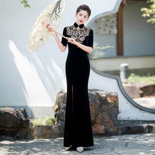 大气改良款 走秀旗袍黑色新款 刺绣舞台表演出服弹力礼仪形体服时尚