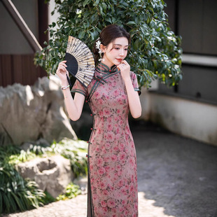 花境港风复古短袖长款旗袍改良春夏碎花连衣裙女日常可穿年轻