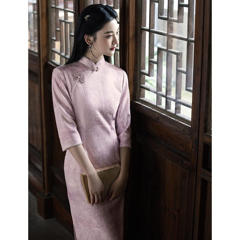 粉色麂皮绒旗袍2025年秋季新款时尚改良版年轻款少女日常修身