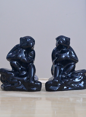 陶瓷小猴子生肖动物摆件招财镇宅风水家居办公摆设工艺品黑色一对