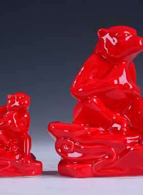 工艺红色陶瓷招财可爱风生肖猴