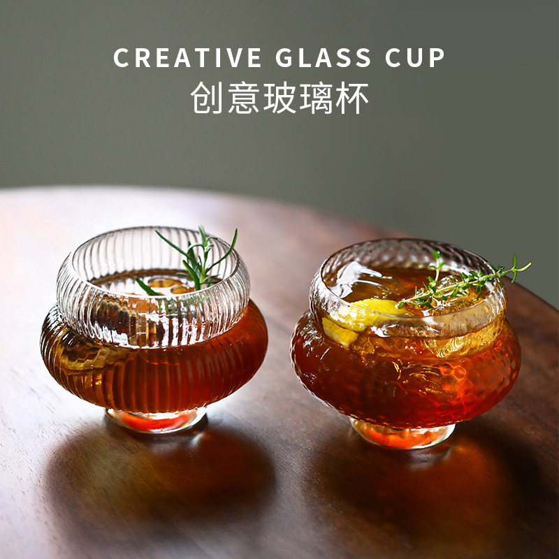 创意纹胖胖杯小众设计玻璃杯特调鸡尾酒杯大肚杯子冷饮果汁咖啡杯