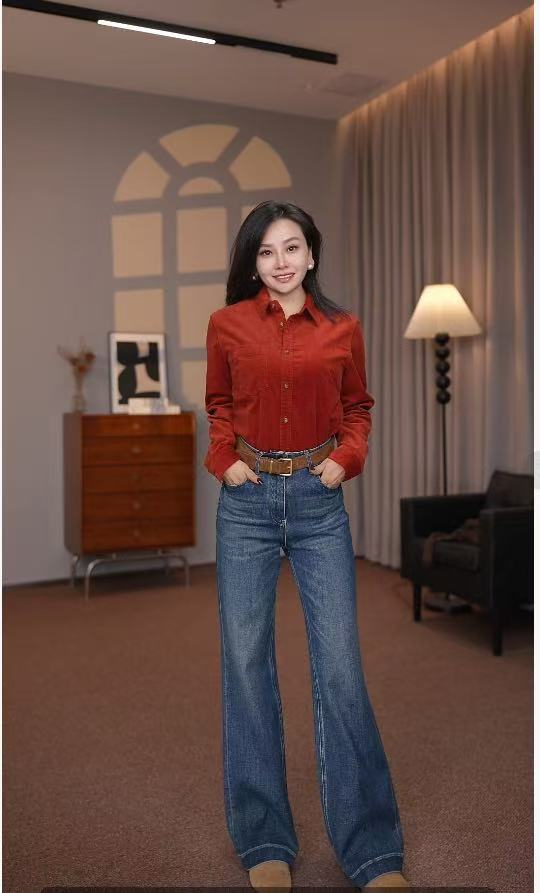 25秋冬款纯色弹力灯芯绒衬衫 复古修身款长袖衬衣女