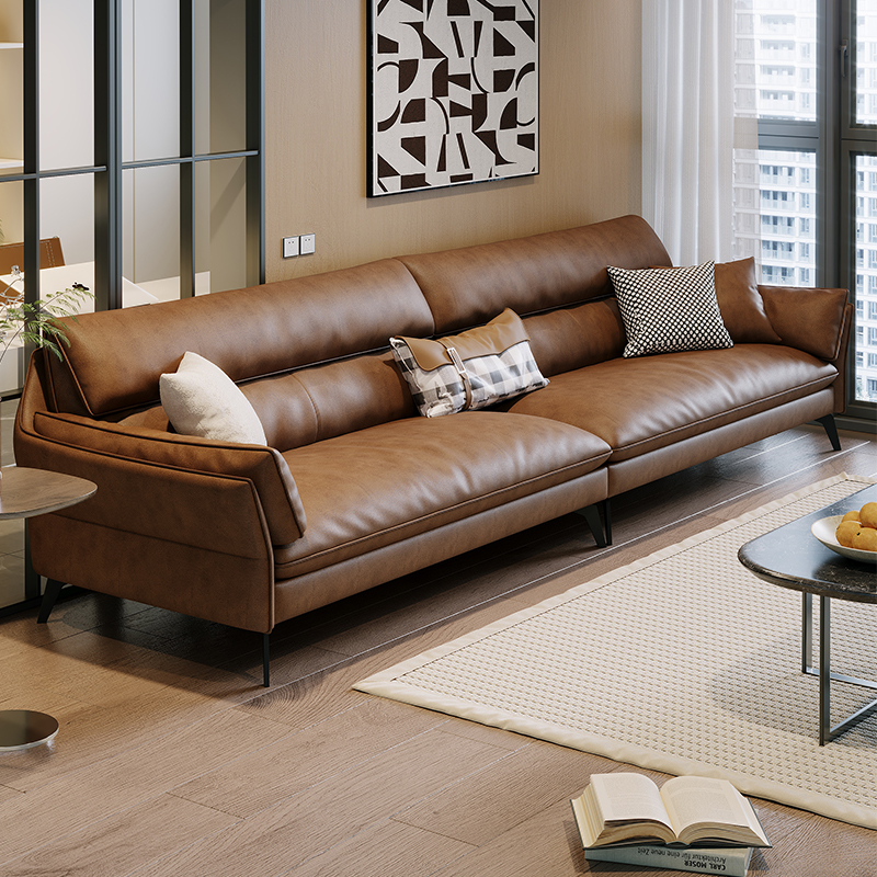 。极派真皮沙发头层牛皮意式极简客厅家用高脚直排棕色复古小户型