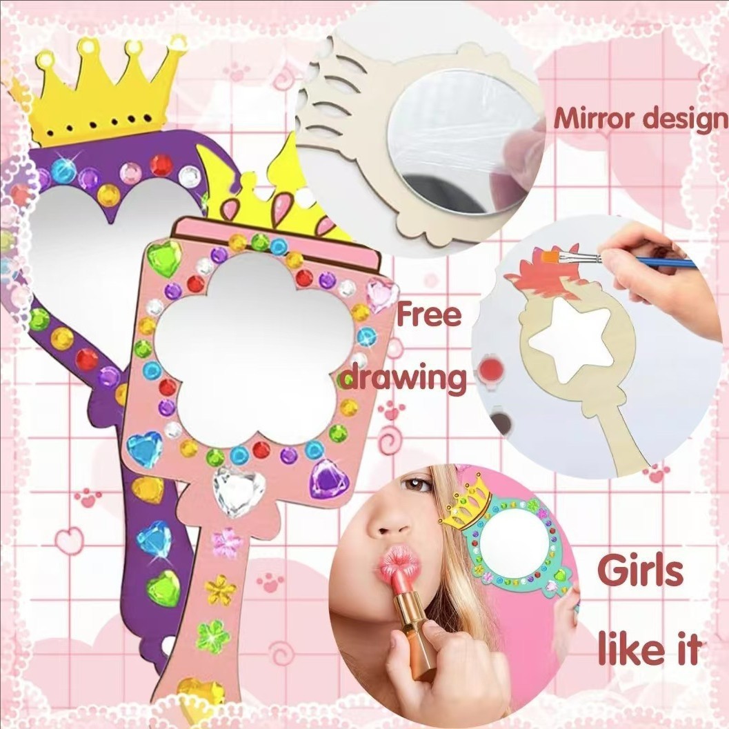 跨境热卖木制空白涂鸦木制镜子粘贴木片DIY绘画手持镜子创意手工