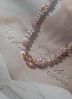 新中式简约烟紫色冰种猫眼石尖粉水晶手串优雅百搭轻奢叠戴手饰女