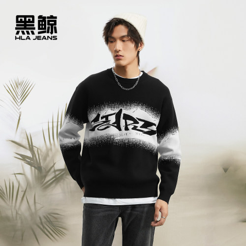 黑鲸黑白渐变针织衫圆领