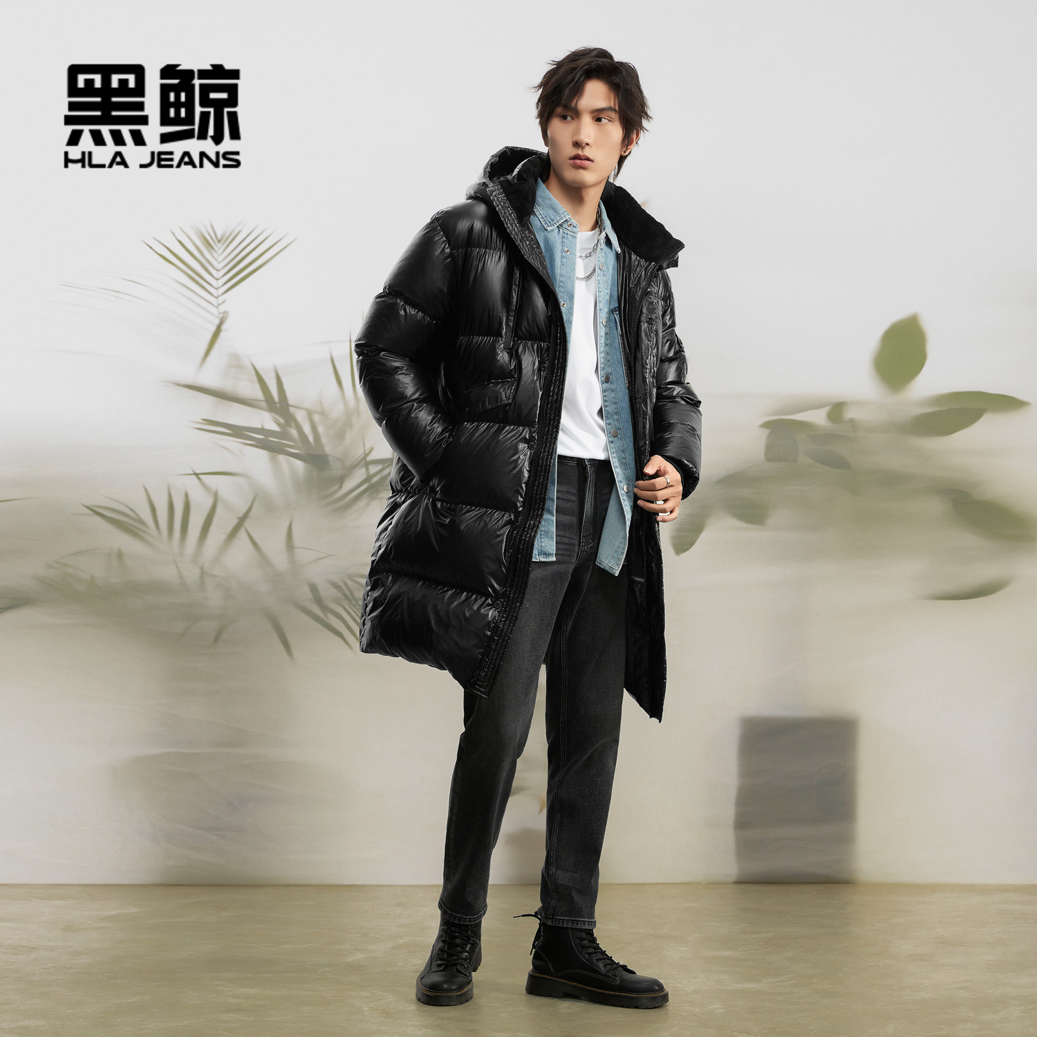 海澜之家旗下黑鲸亮面连帽羽绒服男冬季中长款白鸭绒外套男保暖