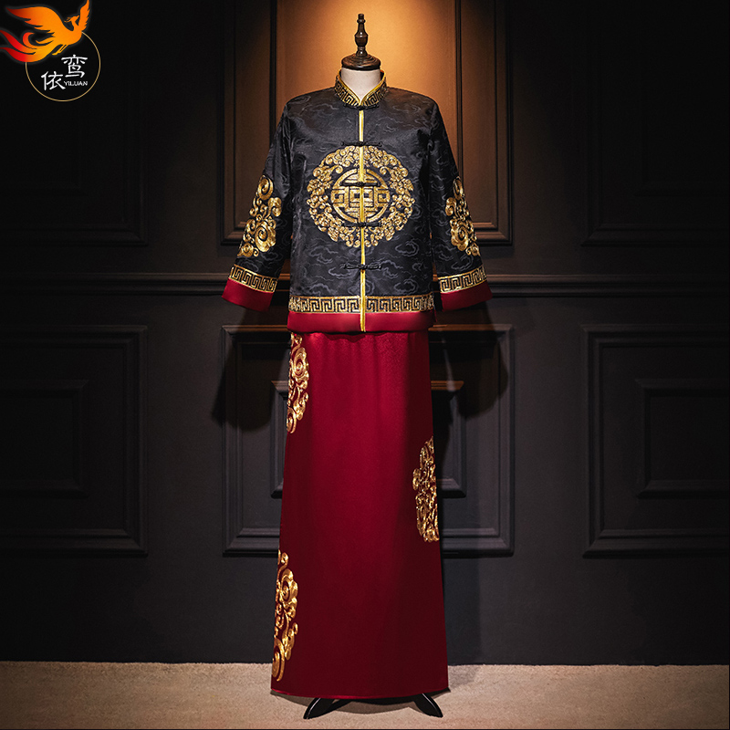 秀禾服男士2020秋季新款中式新郎结婚礼服红黑唐装接亲敬酒服接亲