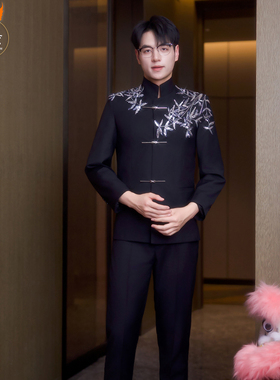 黑色结婚中山装高级新中式新郎订婚接亲服结婚男士唐装礼服秀禾服