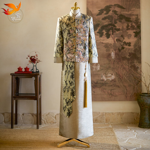 香槟金色秀禾服男士结婚新郎服2025新款中式接亲婚服大码龙凤褂男