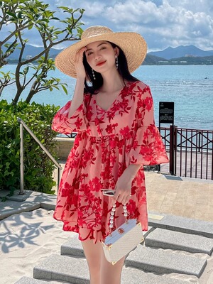 大码胖mm泳衣女分体裙式遮肚显瘦三件套微胖宽松罩衫温泉2023新款