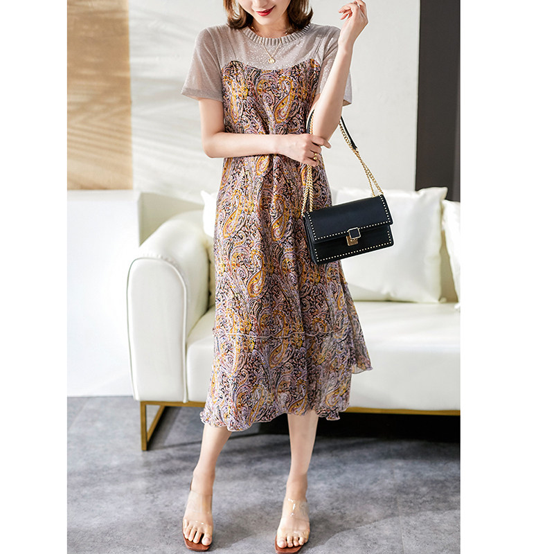 FRENCH HIGH-END CHIFFON FLORAL DRESS SUMMER ELEGANT TEMPERAMENT STITCHING FAKE TWO-PIECE MIDI SKIRT MERMAID SKIRT WOMEN