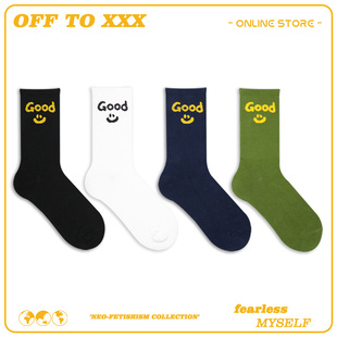 Drew美式 潮牌笑脸字母袜子欧美小众街头潮流运动中筒袜男女纯棉