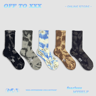 新款 潮流扎染做旧毛巾底加厚袜子复古褪色堆堆长袜男女情侣中筒袜