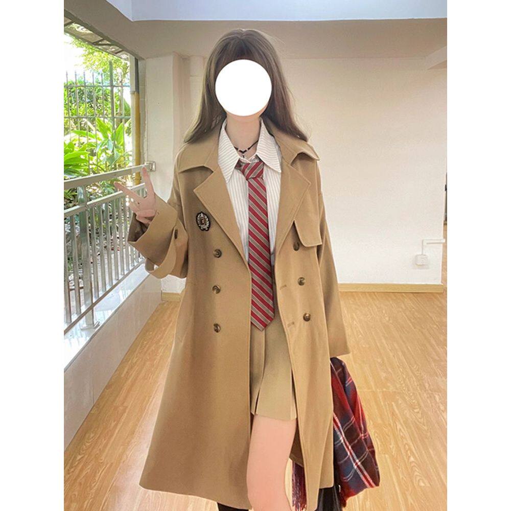 JK制服学院风长款风衣女气质秋新款百搭减龄小个子长款短外套