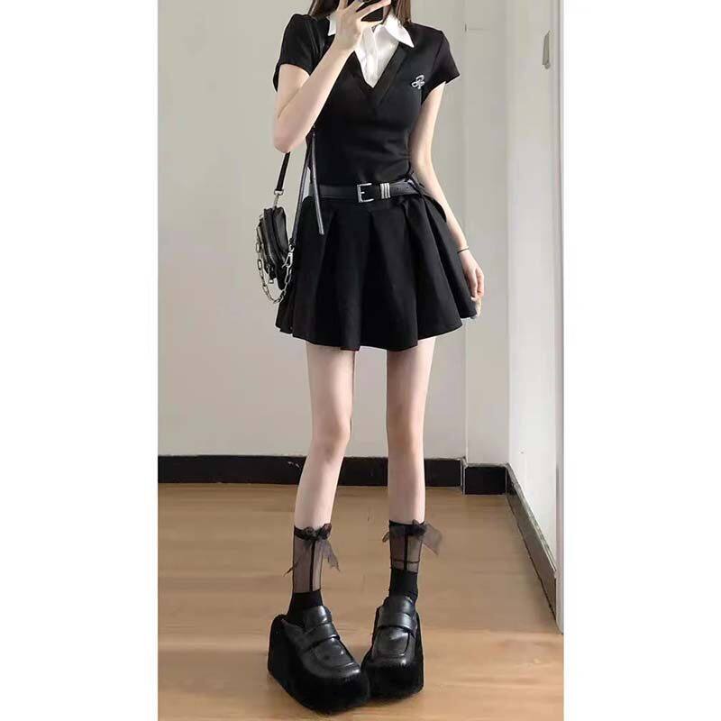 送腰带纯欲黑色假两件短袖连衣裙子女甜辣妹百褶短裙夏季D2508