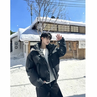 美式复古短款pu皮棉衣男冬季简约宽松休闲连帽加厚立领面包服外套