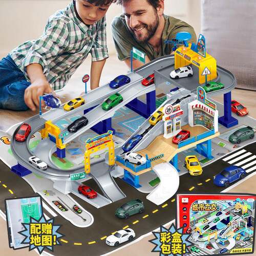 Children's city overpass electric rail parking set large