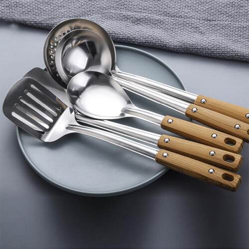 Wood grain handle stainless steel spatula soup spoon