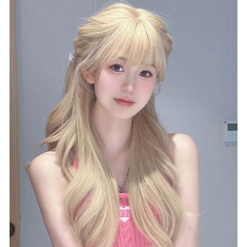 Wig women's long hair long curly hair full head cover milk