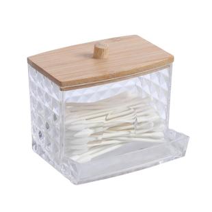 Bamboo Cover Cotton Swab Storage Box Transparent Poable