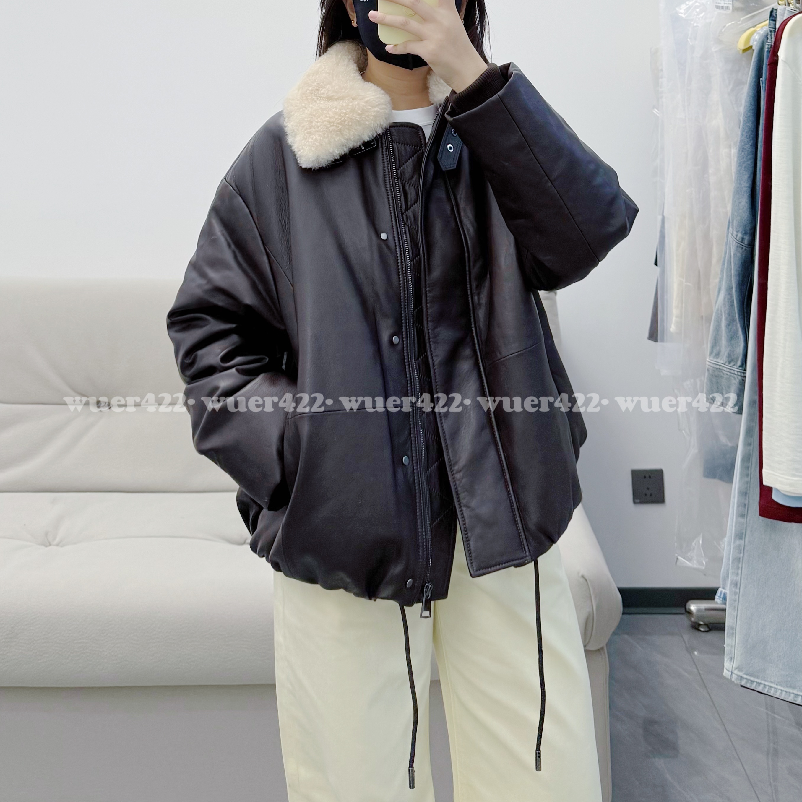 無二｜柔软羊皮鹅绒服可拆羊毛领皮衣抽绳下摆拉链羽绒服宽松外套
