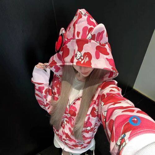 日系鲨鱼头潮牌情侣春秋抓绒连帽卫衣男女款潮牌宽松拉链迷彩外套