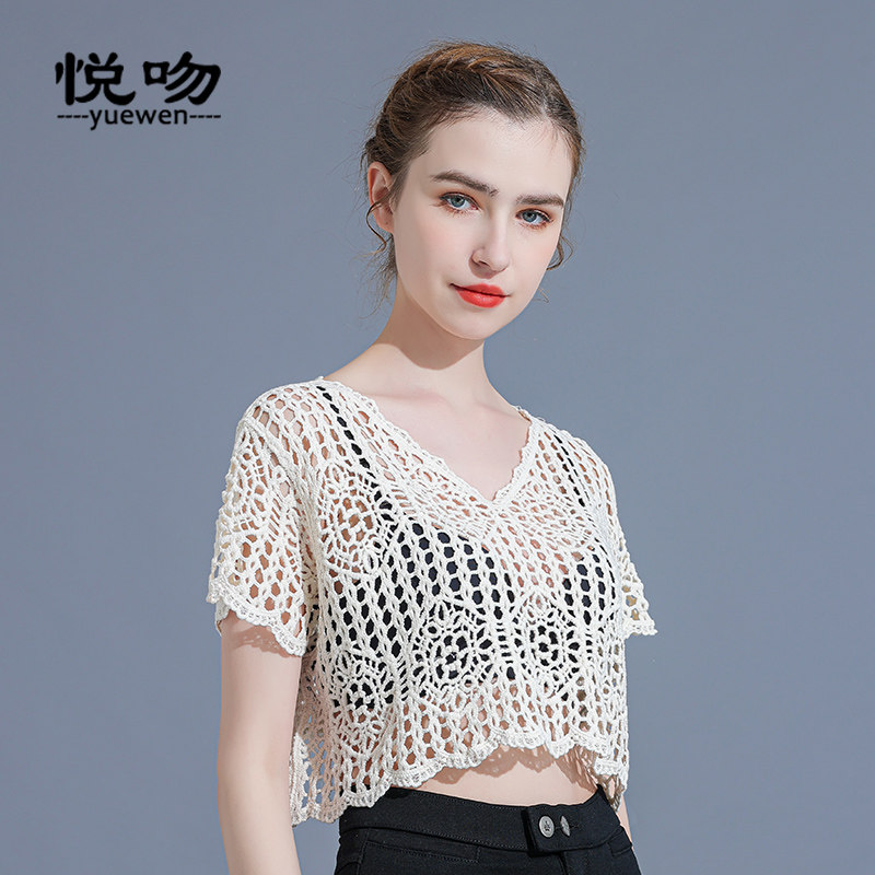 棉质钩花镂空套头罩衫女夏短款上衣2023新款宽松短袖蕾丝衫小坎肩