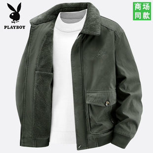 花花公子男秋冬纯棉加绒棉服工装夹克多口袋加厚保暖硬汉外套上衣