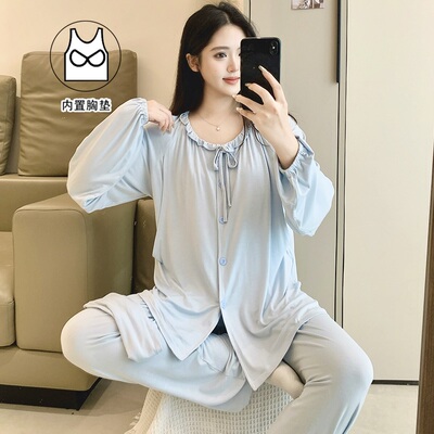 莫代尔带胸垫月子服夏季薄款5月份6产后产妇哺乳期孕妇睡衣春夏款 — 3