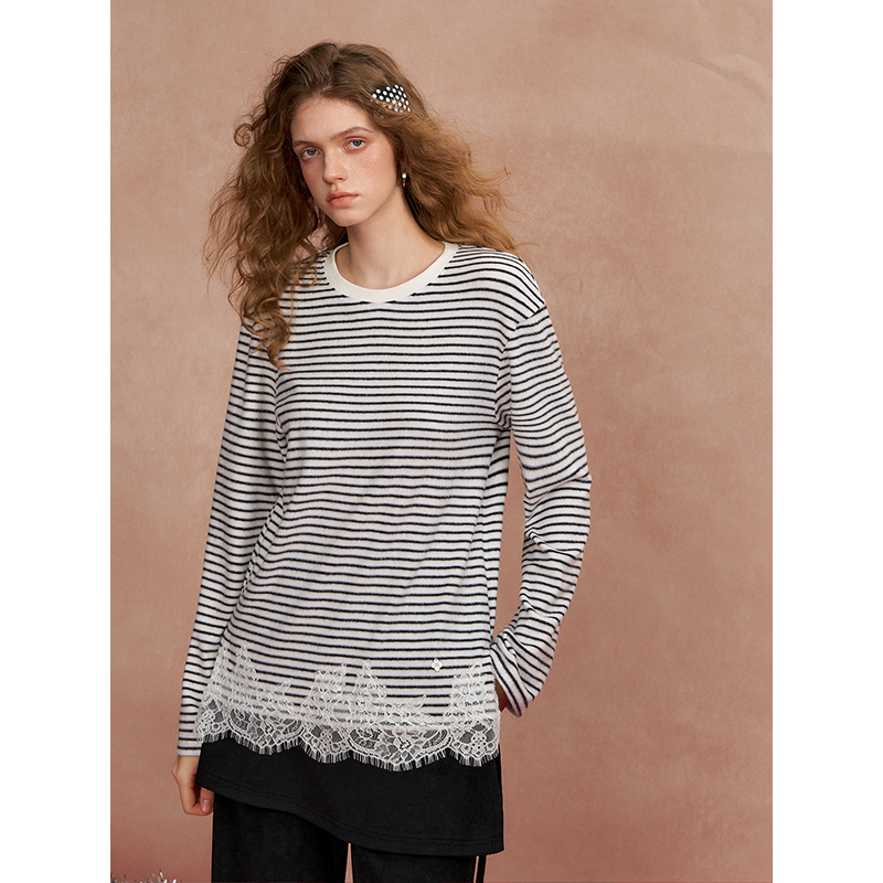 SOMESOWE 蕾丝拼接绒感条纹长袖T恤