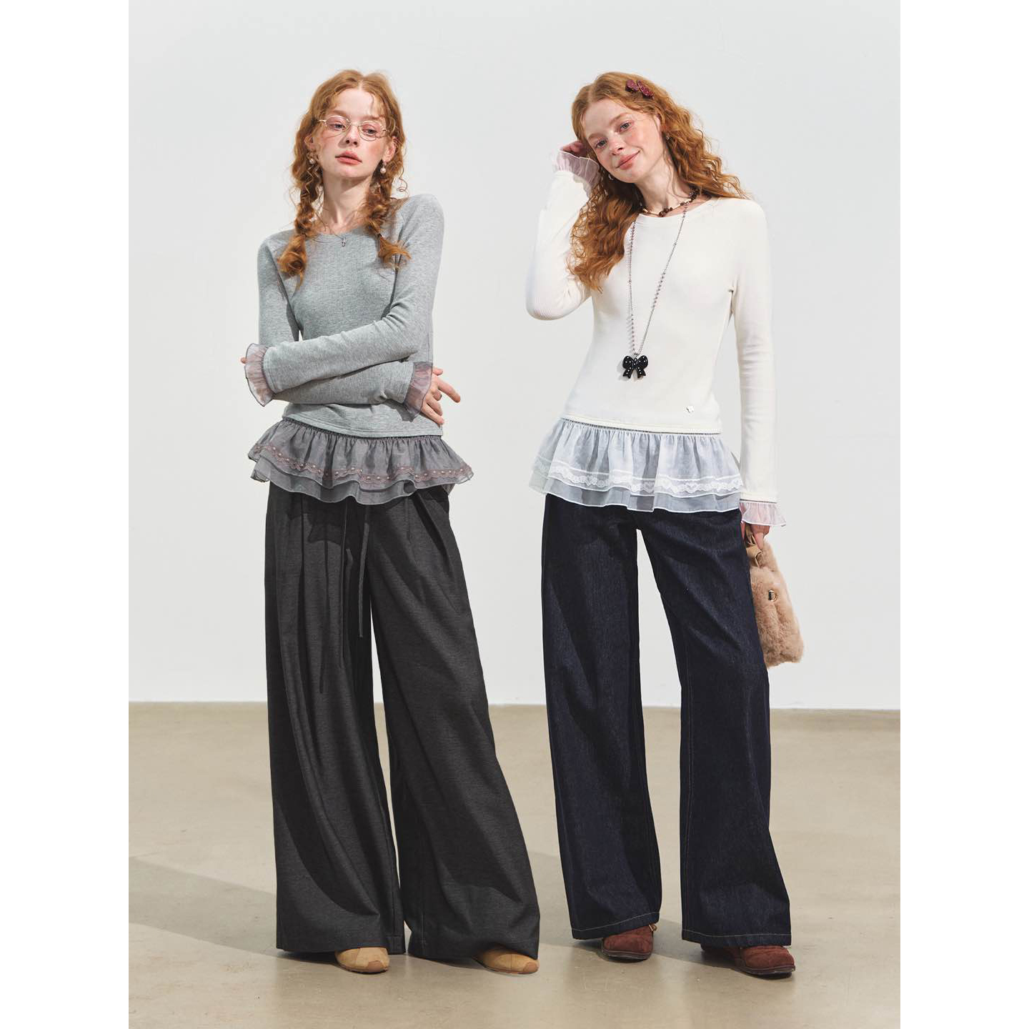 SOMESOWE 双层花边插肩袖暖绒上衣