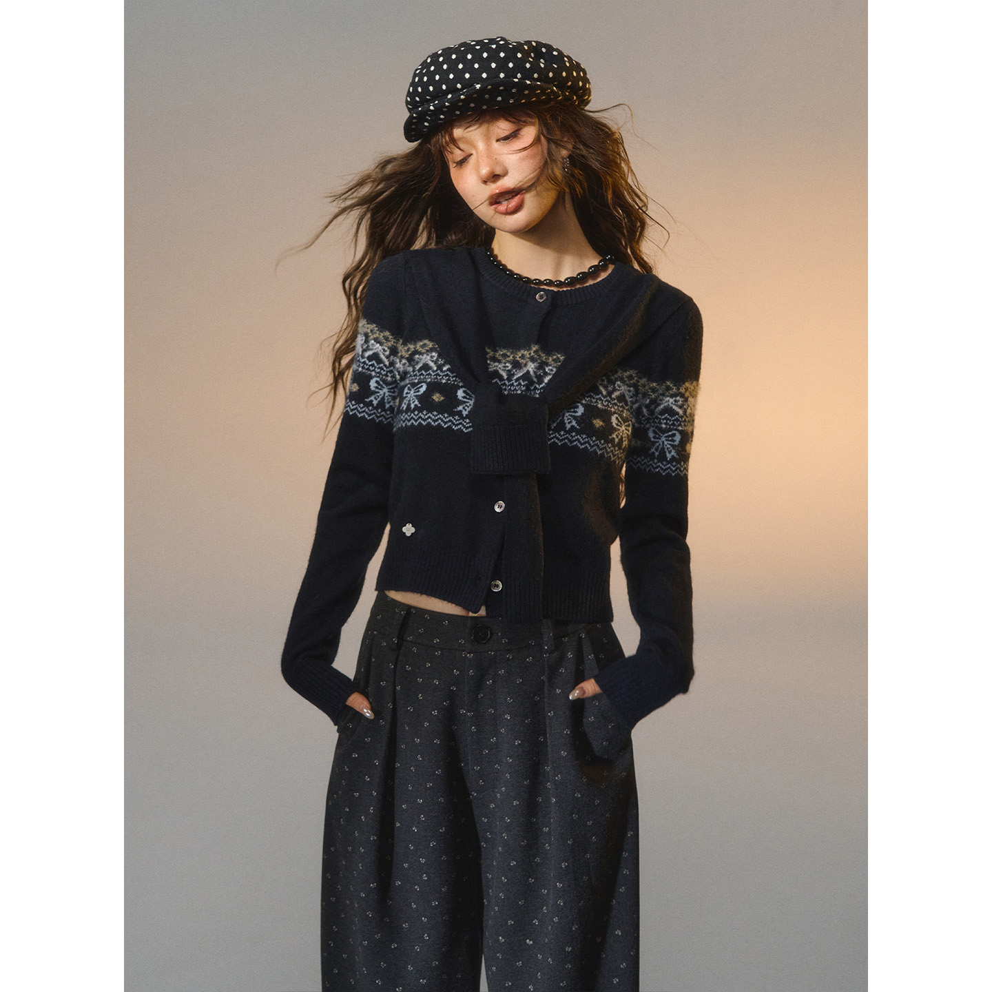 SOMESOWE 费尔岛蝴蝶结假两件毛衣