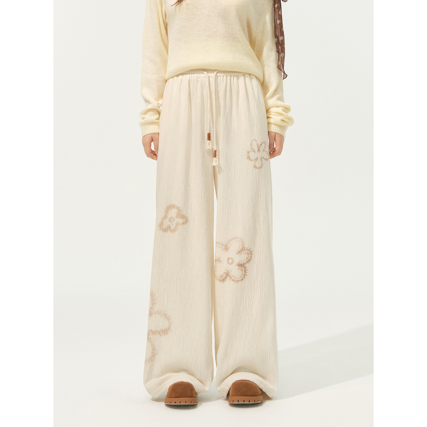 SOMESOWE花朵褶皱系带休闲裤子