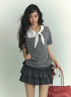 SOMESOWE 系带领短袖条纹T恤