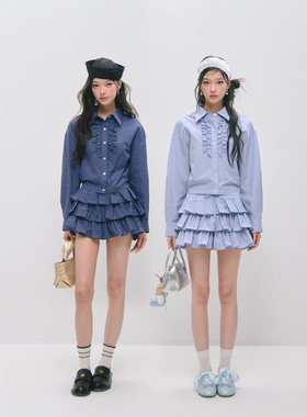 SOMESOWE 格纹木耳边短衬衫/百褶蛋糕裙