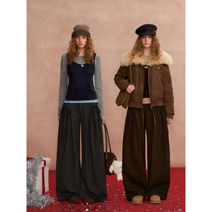 SOMESOWE 排褶蝴蝶结高克重羊毛毛呢长裤