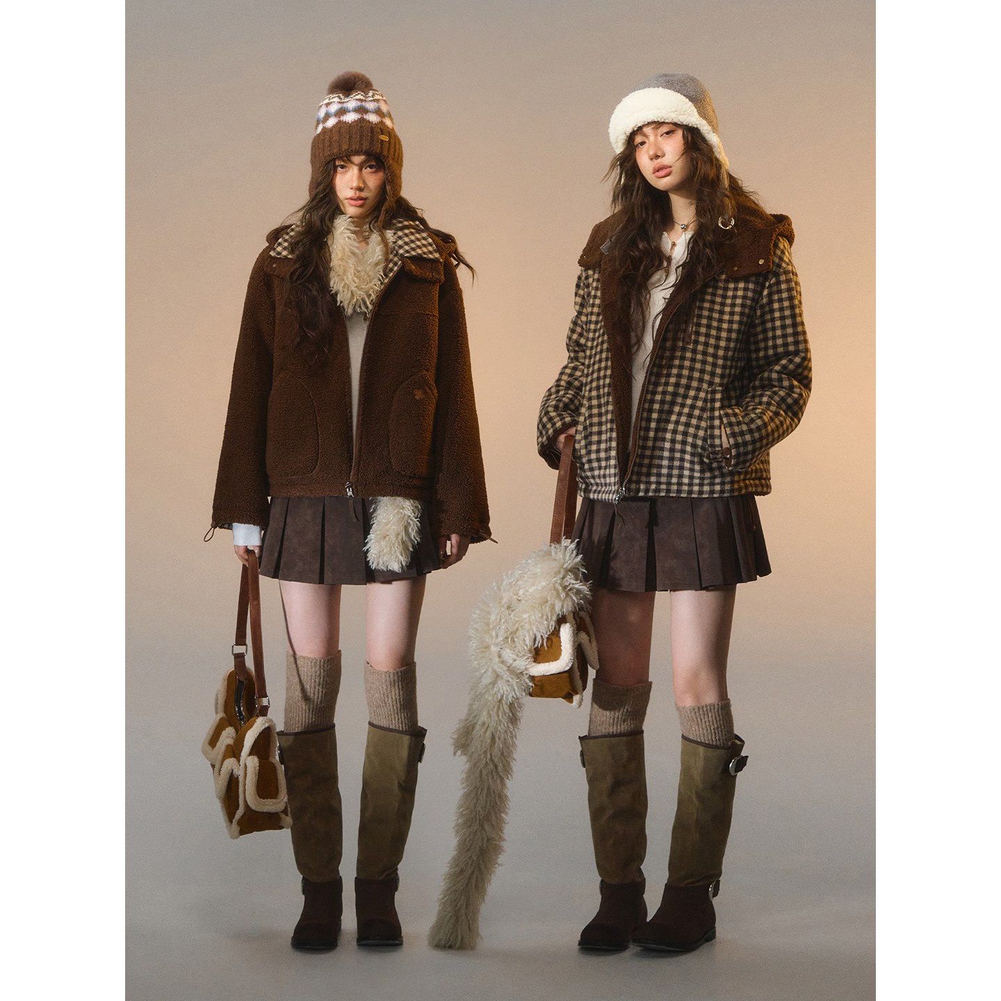 SOMESOWE 双面穿格纹拼接摇粒绒外套