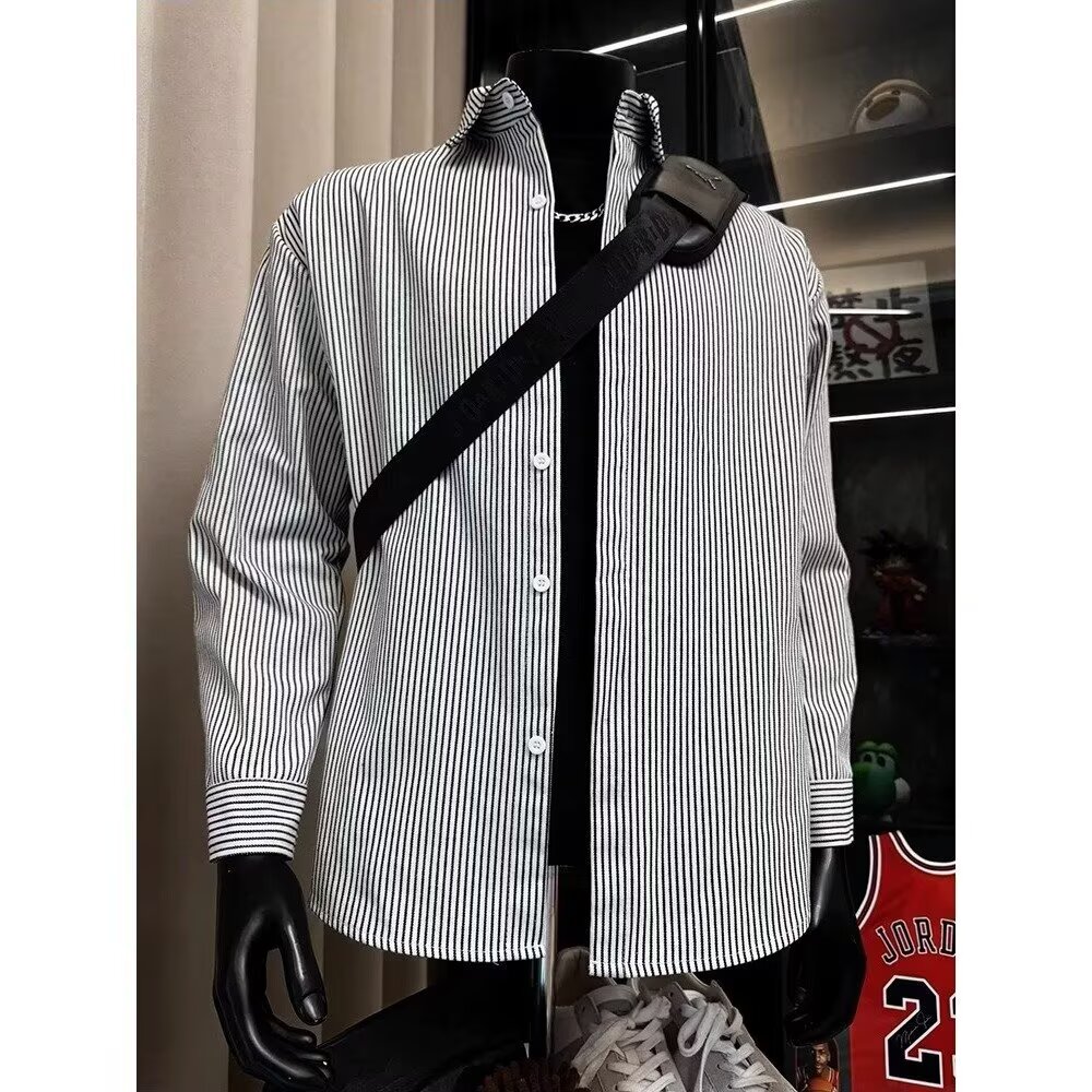 高级感条纹衬衫男美式复古宽松长袖商务休闲正装衬衣通勤工装寸衫