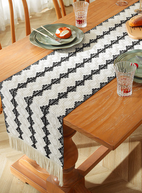 Cotton and linen striped woven tassel table flag桌旗棉麻条纹