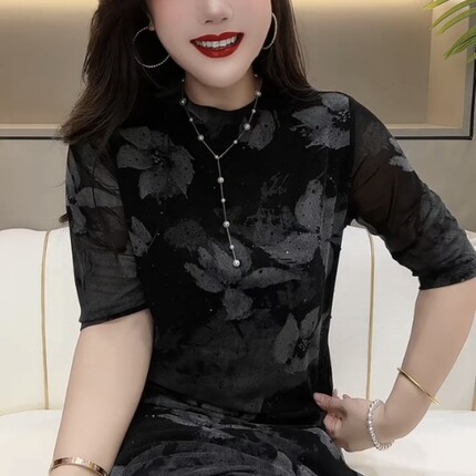 2025年夏季新款时尚水墨画扎染网纱弹力五分袖T恤女修身显瘦上衣