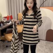 中长款 2024秋冬新款 休闲风复古条纹遮肉显瘦宽松V领长袖 T恤雪尼尔