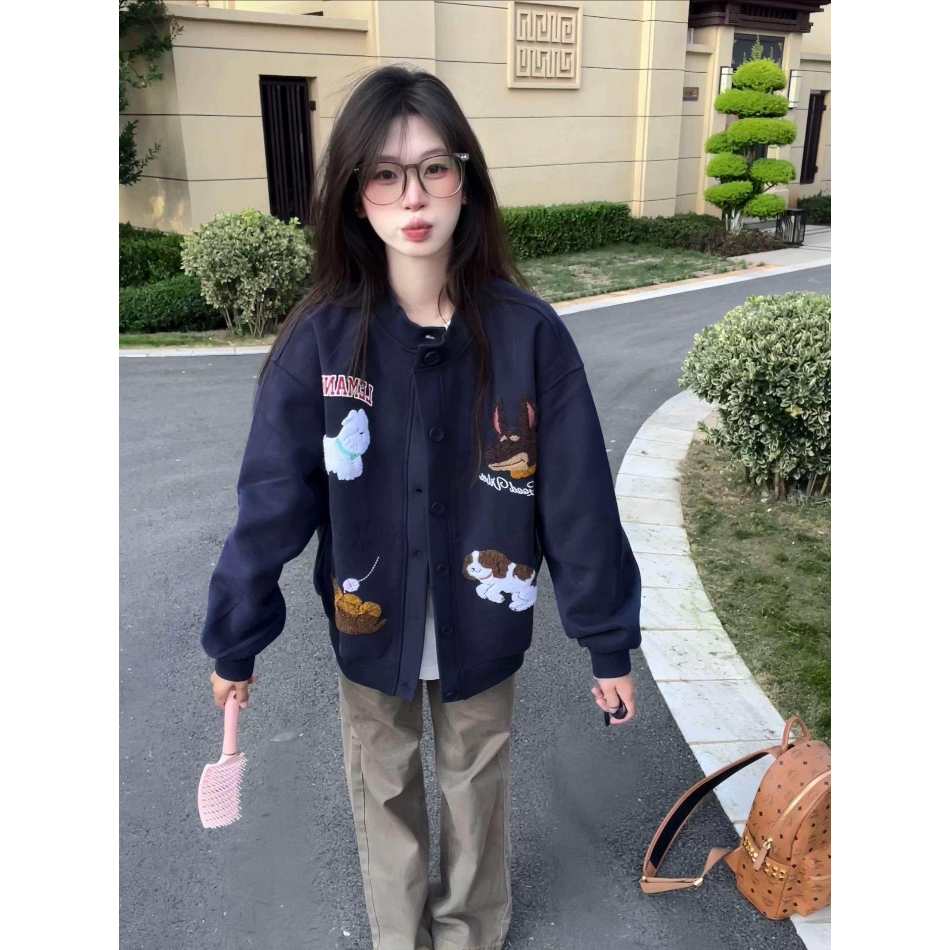 青少年毛巾绣卡通动物外套男女2025春秋季新款宽松日系夹克潮