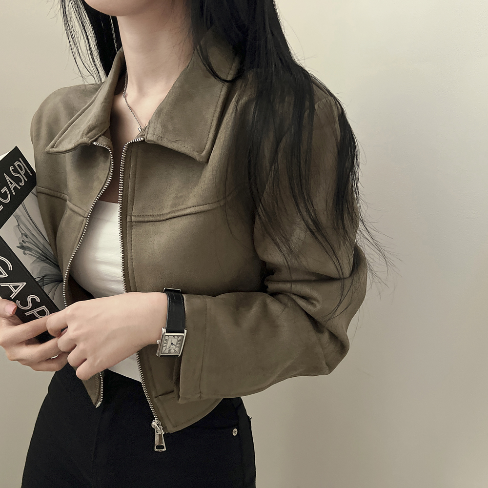 韩系简约百搭皮绒外套女秋新款短上衣设计感小众夹克