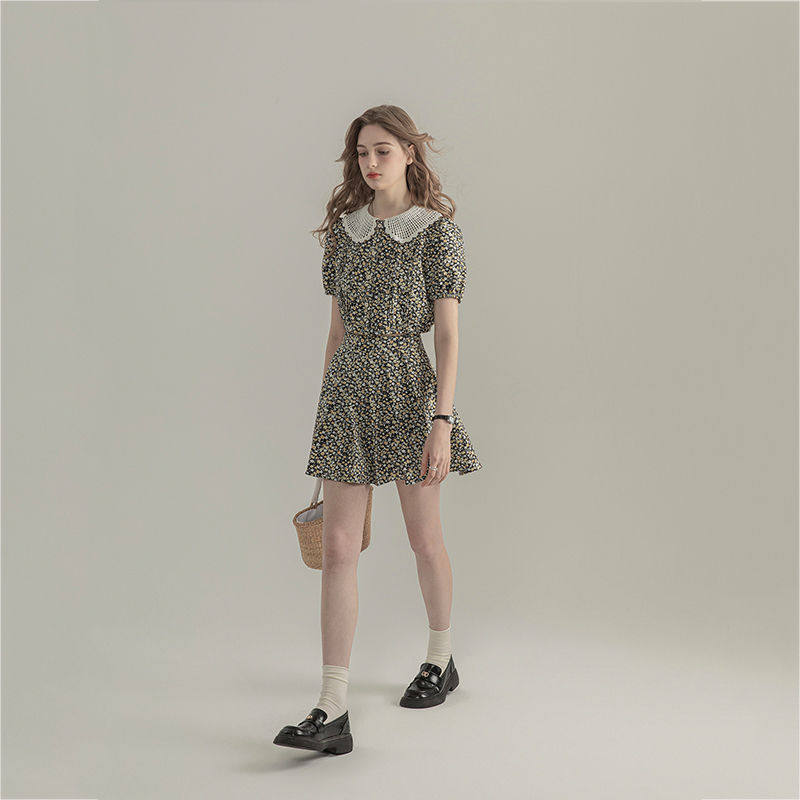 【森也Garden】泡泡袖碎花短袖上衣女夏a字高腰半身裙套装2025年