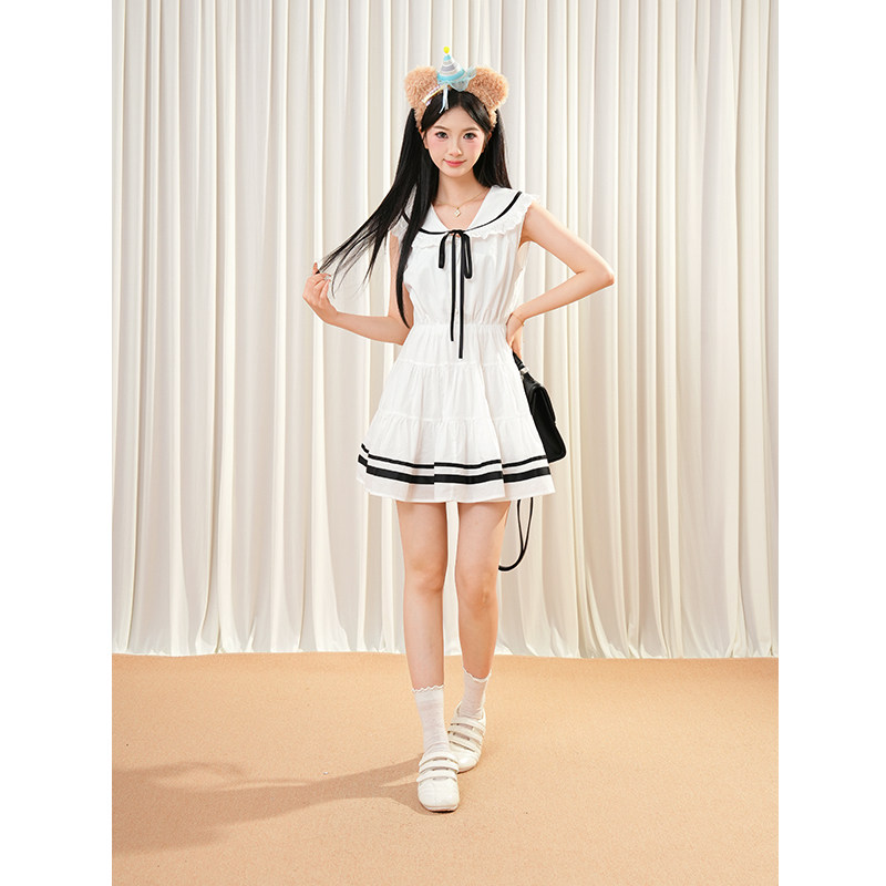 学院风小众蝴蝶结系带连衣裙女夏新款甜美小个子是要显瘦白色短裙