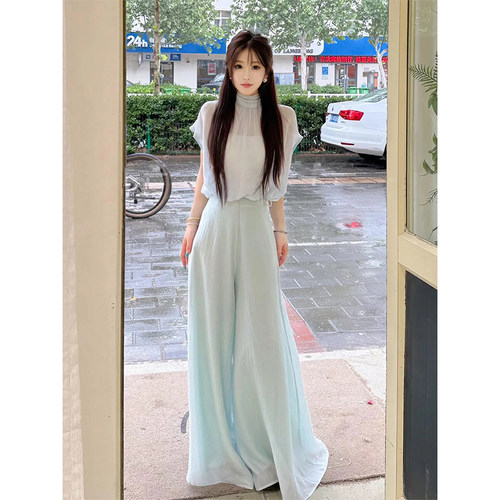 法式气质雪纺衬衫上衣裤子两件套