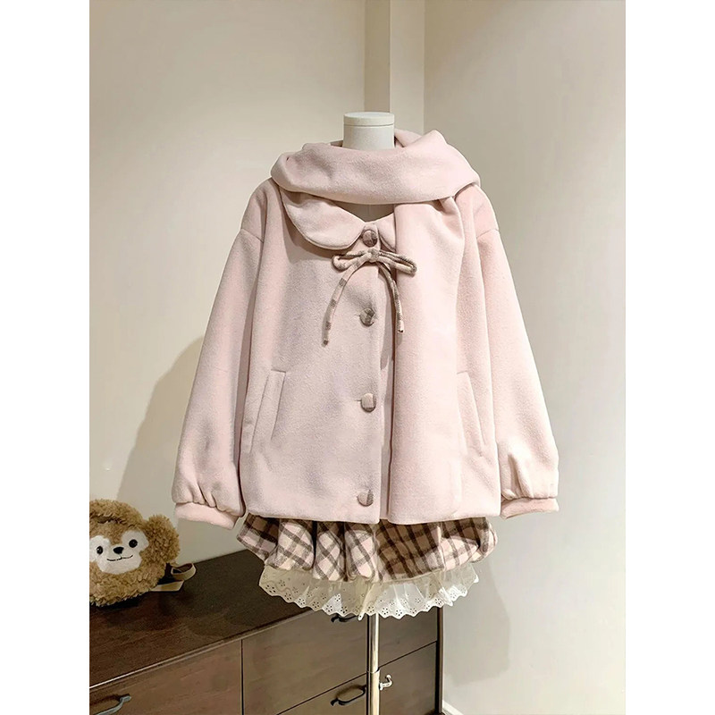 小个子粉色甜美可爱围巾连帽毛呢外套格子蕾丝拼接短裙套装女秋冬